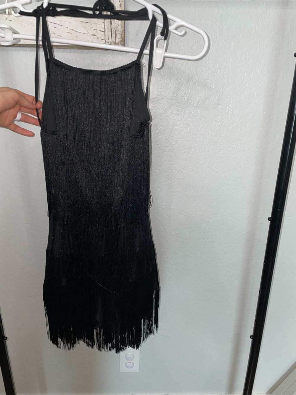 Black Fringe Slip Mini Dress with Spaghetti Straps